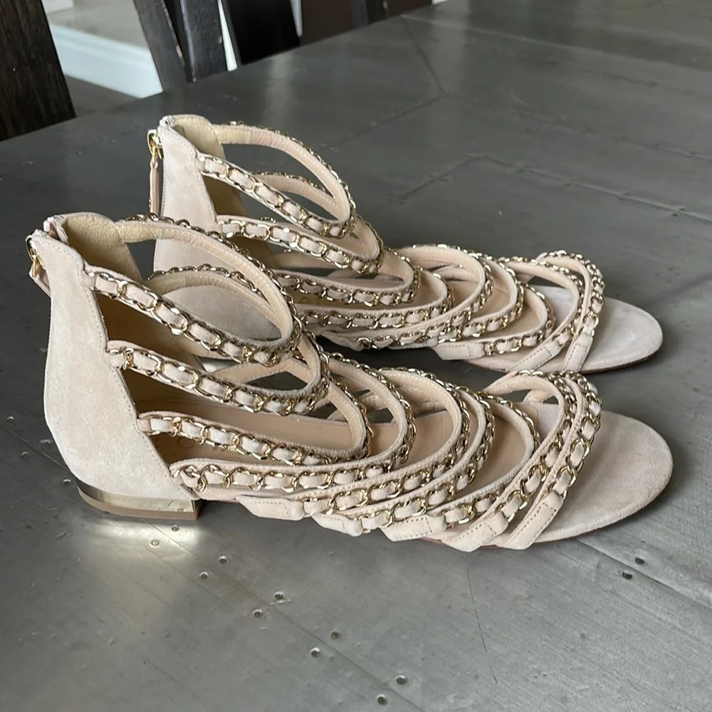 Chanel kid suede beige flat chain gold sandal RARE sz 38 $1750